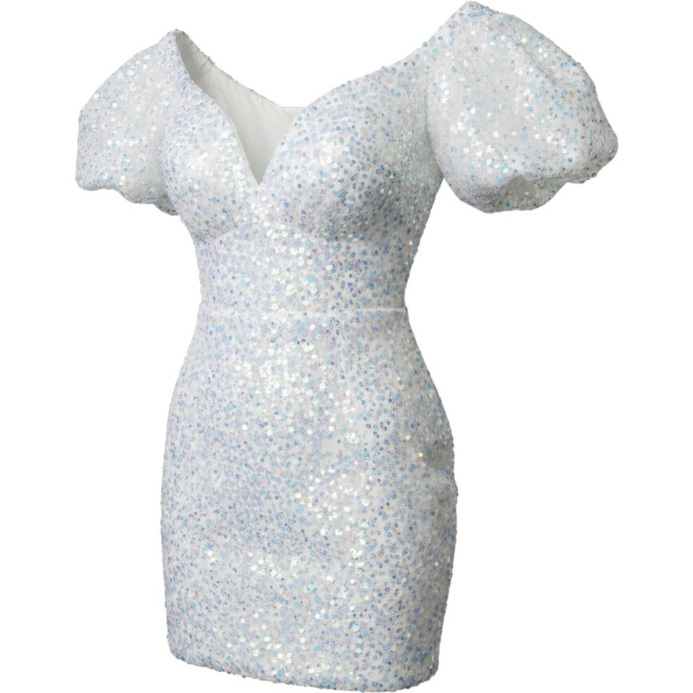 Alyce Paris White Opal Sequin‎ Puff Sleeve Corset Back Mini Dress Womens 4 NWT